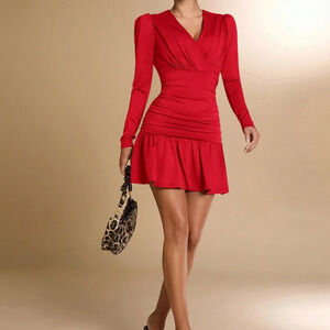 Red Elegant Women's Solid Deep V-Neck Long Sleeve Ruched Ruffle Hem Mini Dress